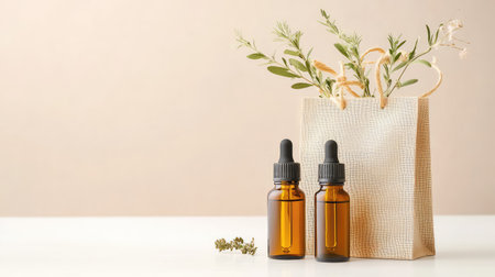 Bottles of essential oils peek out of a natural linen gift bag, captured in clean studio lightの素材