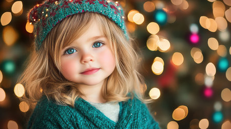 Child Christmas portrait featuring teal ornaments and colorful festive lights, joyful holiday card imageの素材