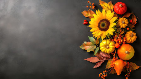 Dark slate backdrop with bright sunflower centerpiece, autumn theme in cozy and artistic food stylingの素材