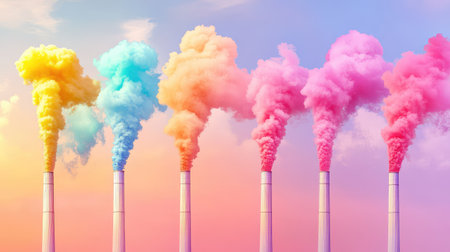 Colored clouds of smoke rise from smokestacks, set against a cheerful sky to underline environmental ironyの素材