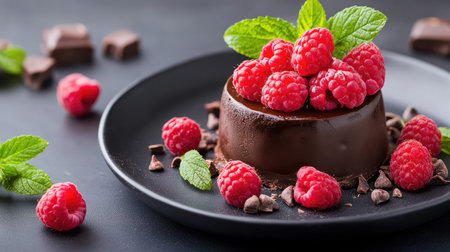 Close-up of chocolate dessert with fresh raspberries, dark moody backdrop highlights food rich appealの素材