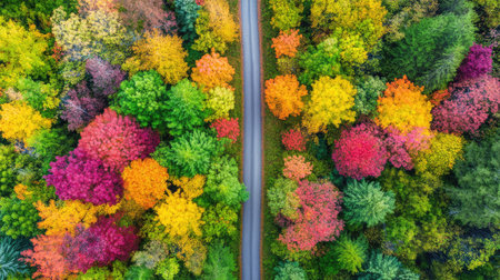 Cross-shaped forest trail captured in peak fall color from above, tranquil seasonal geometryの素材