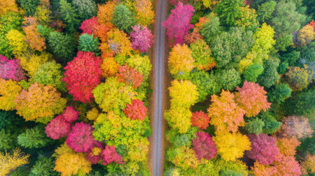 Cross-shaped forest trail captured in peak fall color from above, tranquil seasonal geometryの素材