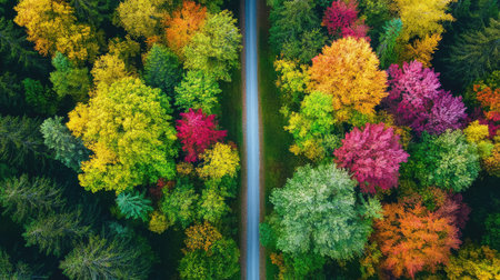 Cross-shaped forest trail captured in peak fall color from above, tranquil seasonal geometryの素材