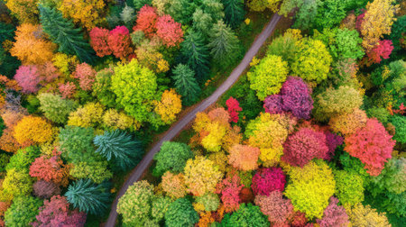 Crisp aerial of colorful woodland and trail junction, ideal for fall-themed designs and travelの素材
