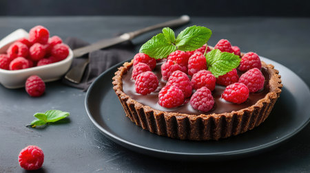 Detailed shot of chocolate raspberry tart on black backdrop, rich colors and textures captured in food photographyの素材