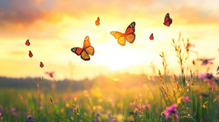 Glowing sunset light silhouettes monarch butterflies in flight over lush green field, peaceful outdoor sceneの素材