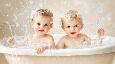 Twins splashing quietly in bathtub, soft water ripples and peaceful expressions, capturing tender childhood memoriesの素材