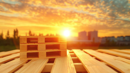Golden sunset illuminating neatly stacked wood pallets, with warehouse buildings softly blurred in backgroundの素材