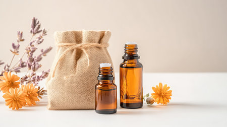 Linen pouch filled with amber glass essential oil bottles, minimalist studio background highlights purityの素材