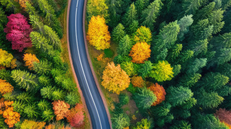 Serene forest roads meeting in fall landscape, warm colors from above highlight changing seasonの素材