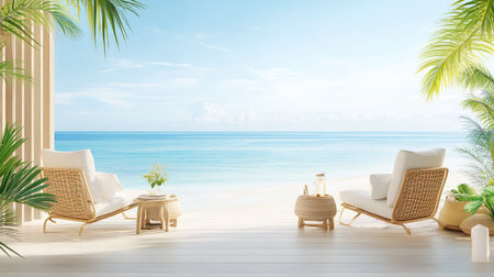 Lounge chairs by sea, natural beige tones and soft light for a peaceful coastal vibeの素材