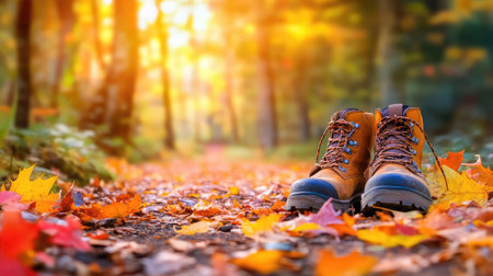 Muddy boots on forest trail covered with colorful autumn leaves, capturing rugged outdoor adventureの素材