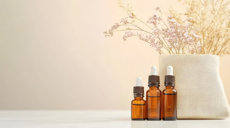 Linen pouch filled with amber glass essential oil bottles, minimalist studio background highlights purityの素材