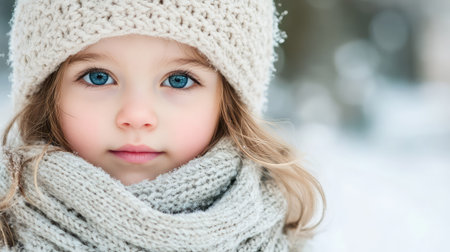 Snowy forest backdrop frames a young girl close-up face, wrapped in a knitted scarf and hatの素材