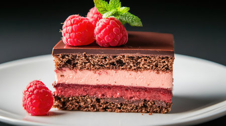 Raspberry and chocolate dessert slice detailed close-up, intense color contrast with black backgroundの素材