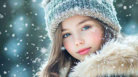 Winter close-up of girl in fur-lined jacket and hat, snowflakes resting on hair, forest behind softly blurredの素材