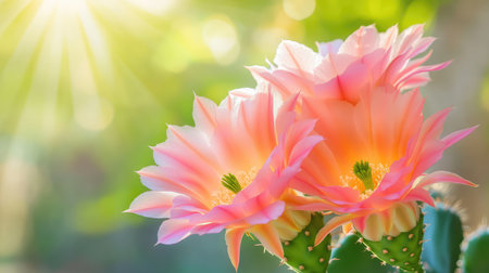 Sunlit peach cactus flowers with soft petals, sharp focus on blossoms and blurred green garden behindの素材