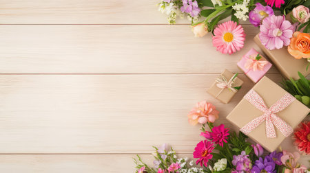 Vibrant spring flowers and charming gift boxes placed on rustic wood, perfect for cheerful greeting cards or digital bannersの素材