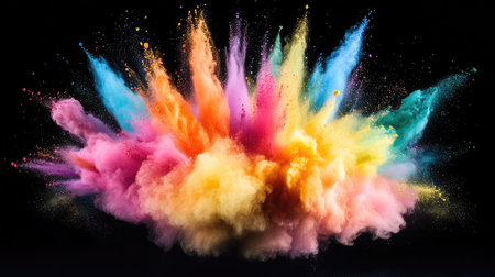 Rainbow powder explosion captured against a black background, dramatic and colorful conceptの素材
