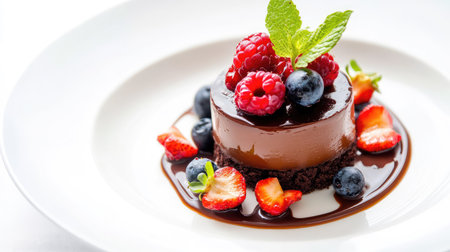 Rich chocolate and caramel dessert topped with fresh berries on elegant plate, gourmet food close-upの素材