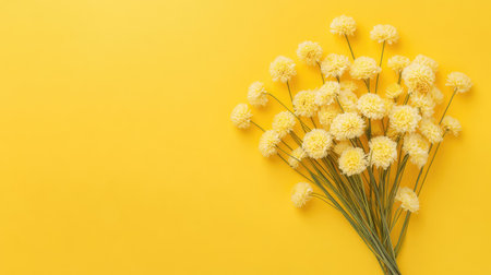 Monochromatic yellow billy balls bouquet on yellow background, clean and simple floral image for greeting cardsの素材