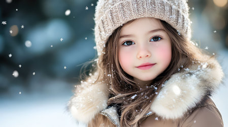 Winter close-up of girl in fur-lined jacket and hat, snowflakes resting on hair, forest behind softly blurredの素材