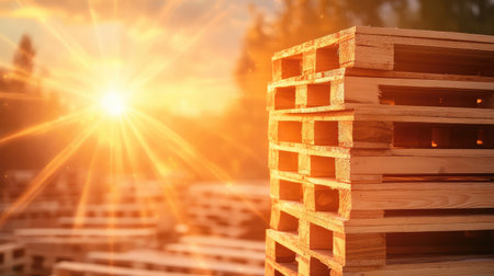 Stacks of wood pallets bathed in soft sunset light, creating warm highlights and deep shadows at a warehouse loading zoneの素材