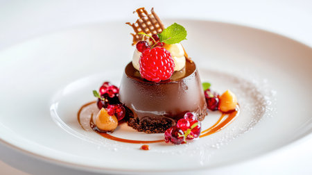 Stylish food photography of chocolate dessert with caramel swirl and red berries on white dishの素材