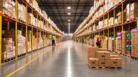 Interior view of distribution center showing stacked boxes, warehouse workers, and active logistics environmentの素材
