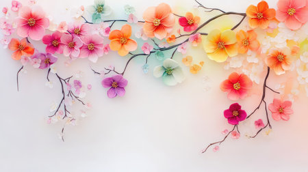 Tree branches filled with 3D blossoms and layered leaves, vibrant wall decor concept in an abstract nature settingの素材