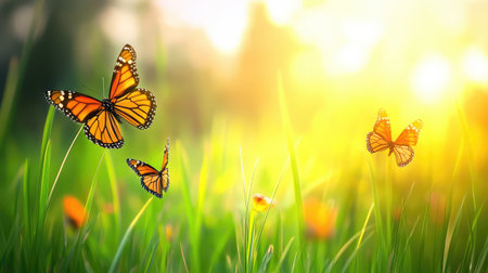 Close-up of monarch butterflies flying low over sun-drenched green grass at sunset, natural tranquilityの素材