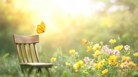 Rustic wooden chair with yellow butterfly on the edge, flowers blooming in background, peaceful outdoor wallpaper imageの素材