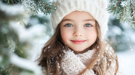 Portrait of a girl smiling gently in winter clothes, snow-covered pine trees framing the sceneの素材