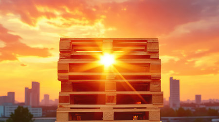 Golden sunset illuminating neatly stacked wood pallets, with warehouse buildings softly blurred in backgroundの素材