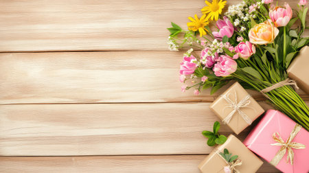 Hand-tied floral bouquets and wrapped gifts resting on wooden background, ideal for spring greeting cards and website layoutsの素材