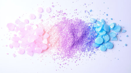 Faded gradient with pale blue, purple, and white tones. Granular particles and light foil shimmer create dreamy softnessの素材