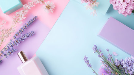 Geometric pastel background in pale blue and lavender with triangle motifs. Diagonal layout and soft vintage grain for email visualsの素材