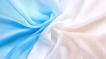 Light silk fabric in silver, blue, and white with airy folds. Fresh, clean mood for Christmas, winter design, or flat lay product displayの素材