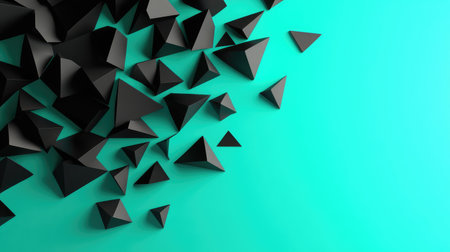 Angular matte design with black and teal color blocks. Polygonal pattern of triangles and squares in a cool, sleek paletteの素材