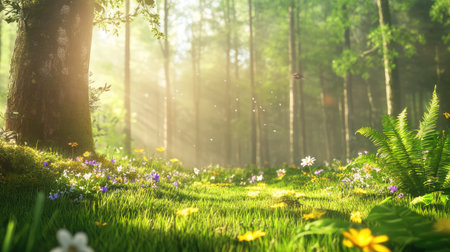 Bright spring forest scene with fresh green grass and wild plants. Close-up shot in natural morning lightの素材