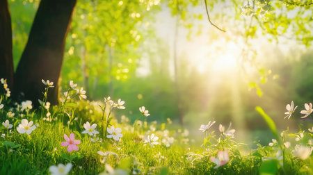 Bright spring forest scene with fresh green grass and wild plants. Close-up shot in natural morning lightの素材