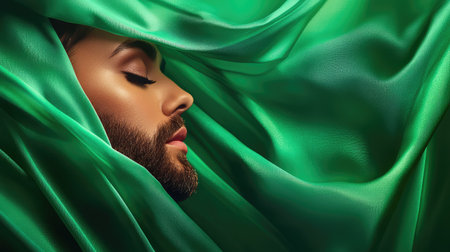 Forest green satin fabric draped with fluid motion, creating a glamorous texture ideal for luxury ads or digital backdropsの素材