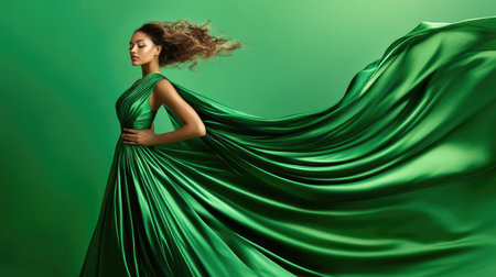 Forest green satin fabric draped with fluid motion, creating a glamorous texture ideal for luxury ads or digital backdropsの素材