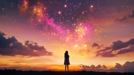 Glittering stars over a dark cloudy horizon. Cosmic night scene evoking infinity, peace, and wonderの素材