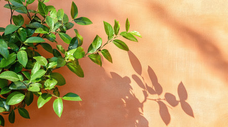 Abstract play of shadows on a weathered terracotta surface. Plant outlines create organic patterns in warm urban settingの素材