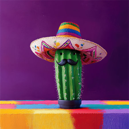 This delightful image features a playful cactus adorned with a sombrero and a mustache, set against a rich purple backdrop. Ideal for festive themes.の素材