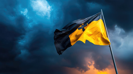 A striking image of a flag waving against a backdrop of dark stormy clouds and a colorful sunset. The dynamic contrast showcases nature's beauty and power.の素材