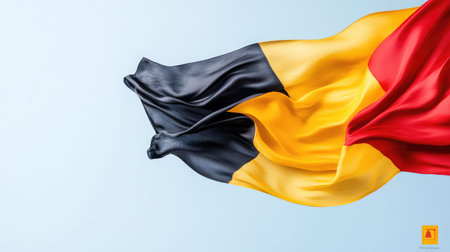 A high-resolution image of the Belgian flag waving gently against a soft blue background, showcasing vibrant colors of black, yellow, and red, symbolizing national pride.の素材