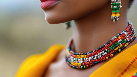 A striking close-up of a woman wearing vibrant beaded jewelry, highlighting the details of her accessories against a natural backdrop, celebrating cultural beauty.の素材
